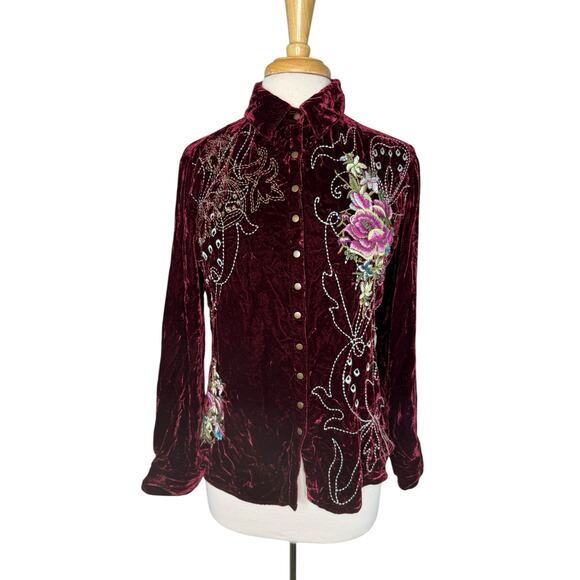 JOHNNY WAS Burgundy Red Floral Embroidered Snap Front Top Size Small Womens - Picture 1 of 10
